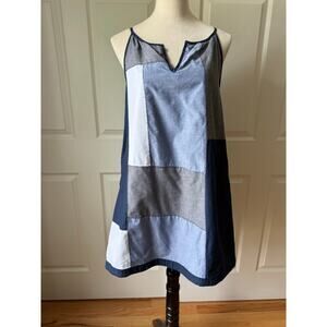 HD in Paris Chambray 100% Cotton Patchwork Whipstitch Swing Dress Size S Pockets